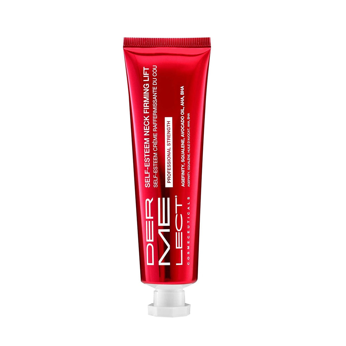 Dermelect neck firming lift red metallic tube cream standing upright with white cap on white background