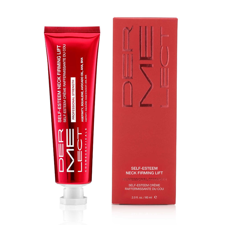 Ecommerce image of Dermelect neck firming lift red tube and matching box Self Esteem neck treatment 2 oz