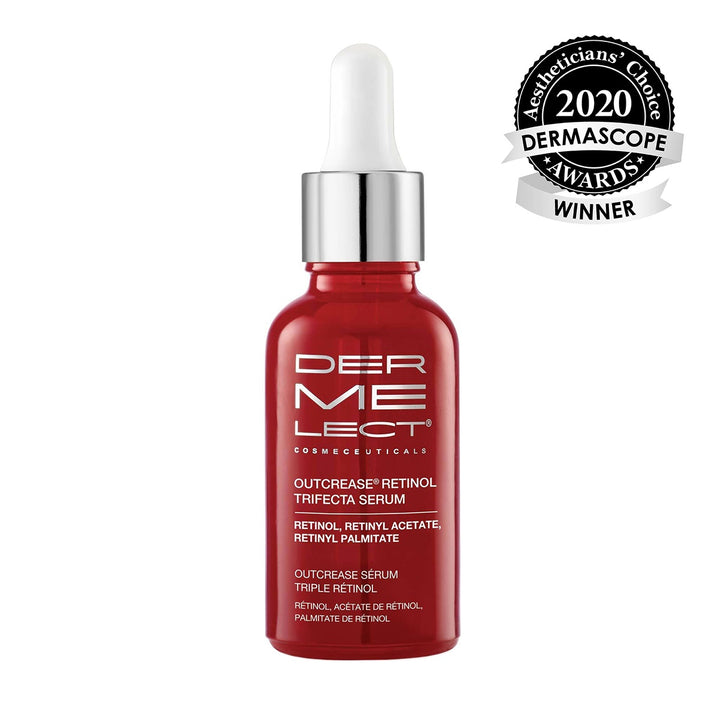 Dermelect Outcrease Retinol Trifecta Serum red glass dropper bottle with silver cap and award badge