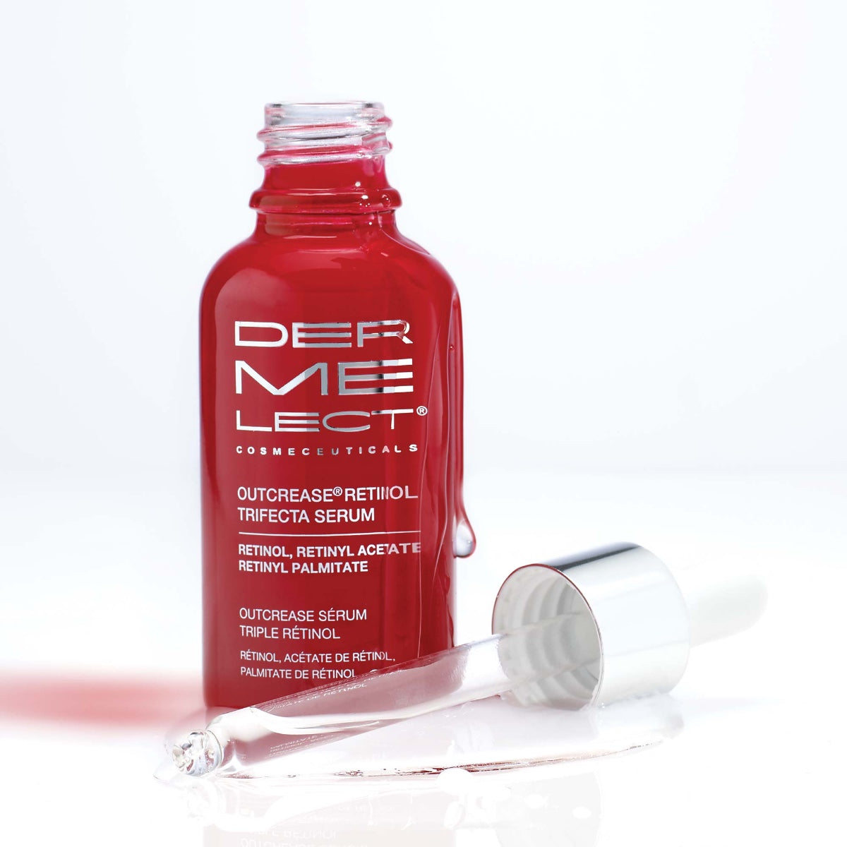 Dermelect Outcrease Retinol Trifecta Serum red glass dropper bottle with silver cap and spilled serum