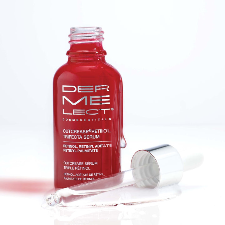 Dermelect Outcrease Retinol Trifecta Serum red glass dropper bottle with silver cap and spilled serum