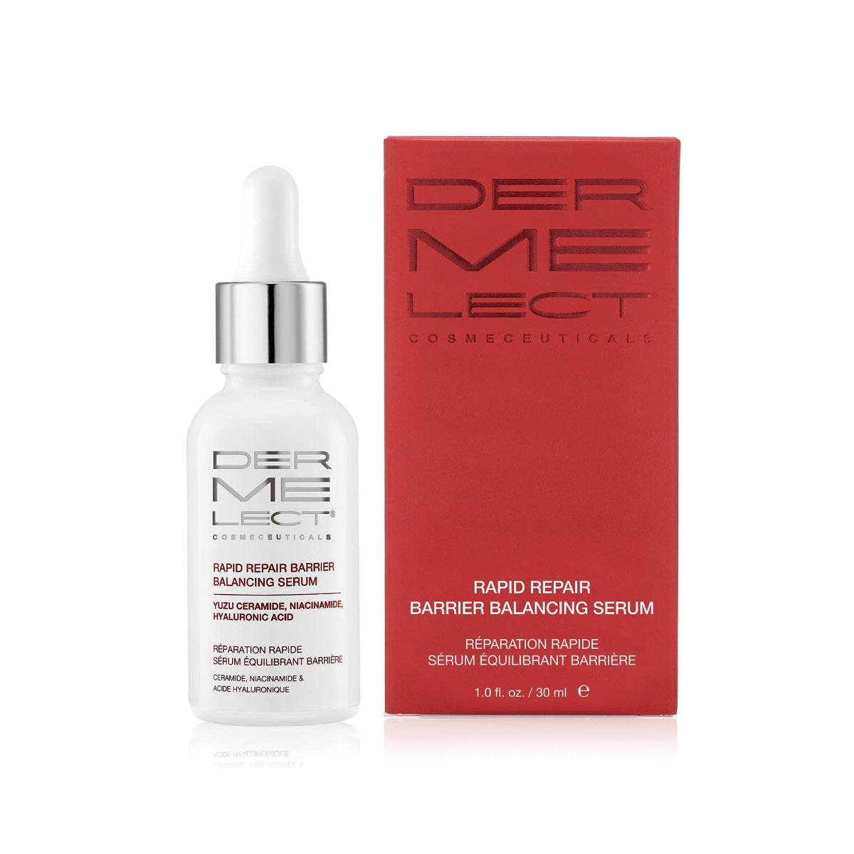 Dermelect Rapid Repair Serum white glass dropper bottle beside red branded box for barrier balancing