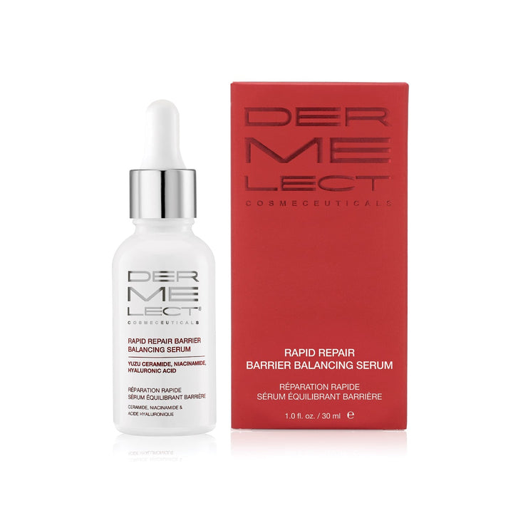 Dermelect Rapid Repair Serum white glass dropper bottle beside red branded box for barrier balancing