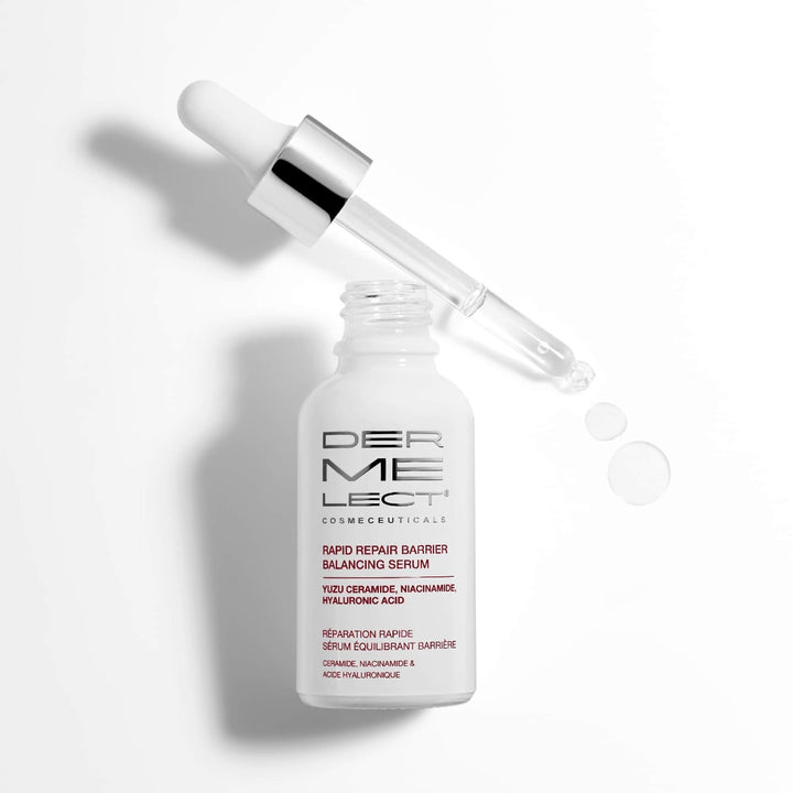Dermelect Rapid Repair Serum white dropper bottle with pipette and clear serum drops on a white background