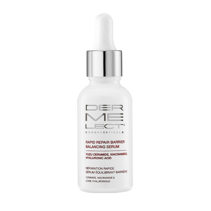 Dermelect Rapid Repair Serum white glass dropper bottle with silver cap for skin barrier repair and hydration