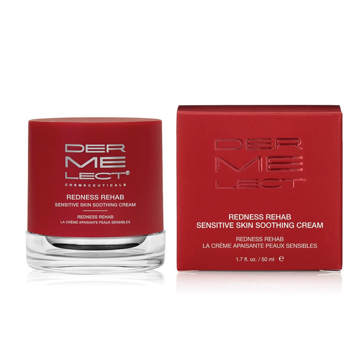 Dermelect Redness Rehab cream in red jar and matching box for sensitive skin soothing
