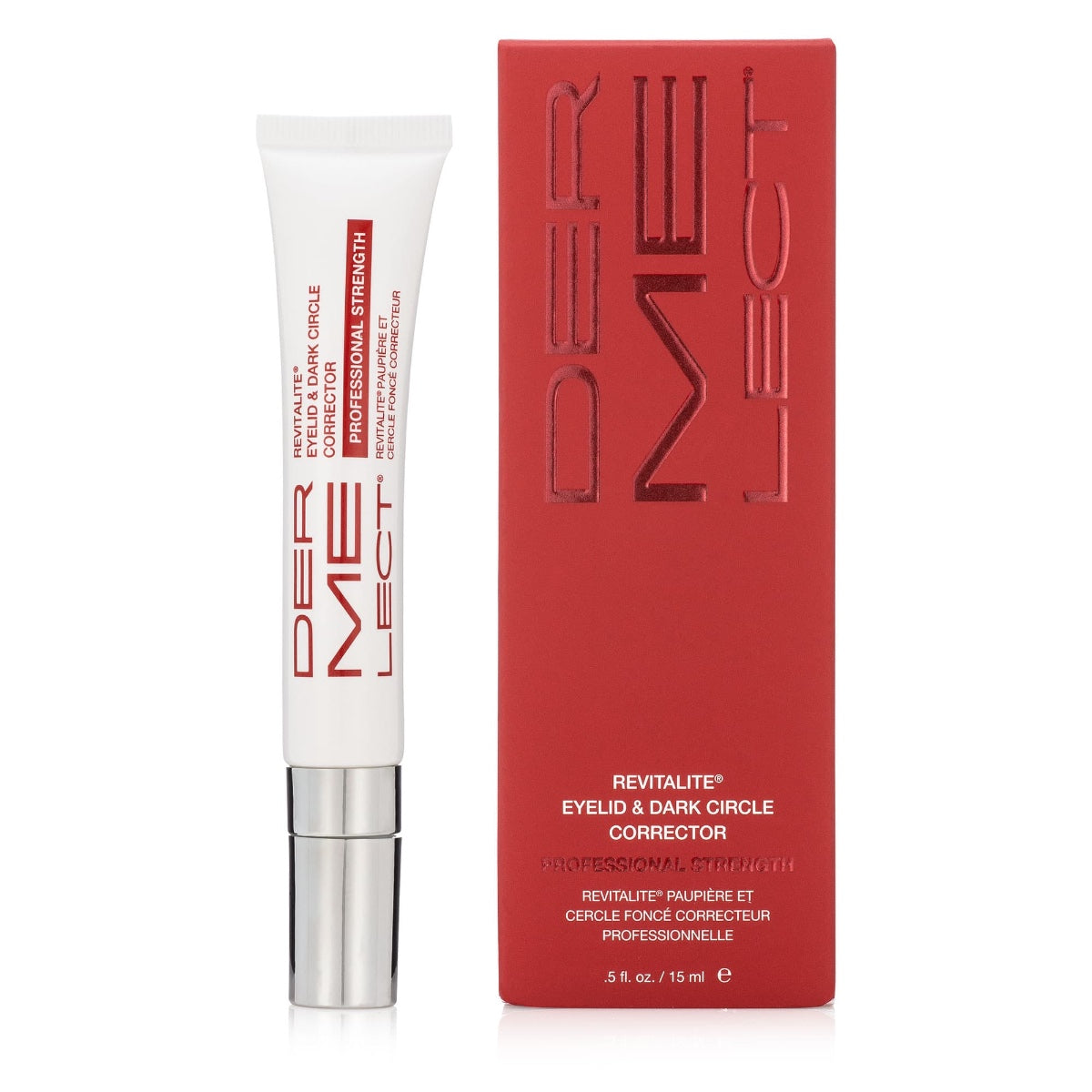 Dermelect Revitalite for dark circles eyelid and dark circle corrector tube with red box