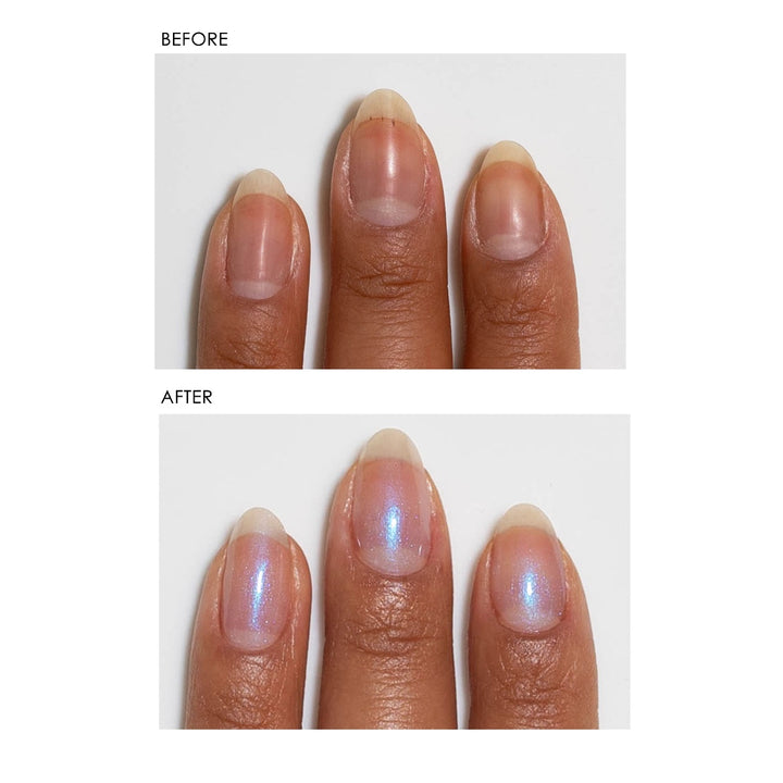 Before and after fingernail photos showing smoother pearlescent finish on nails using Dermelect Ridge Filler