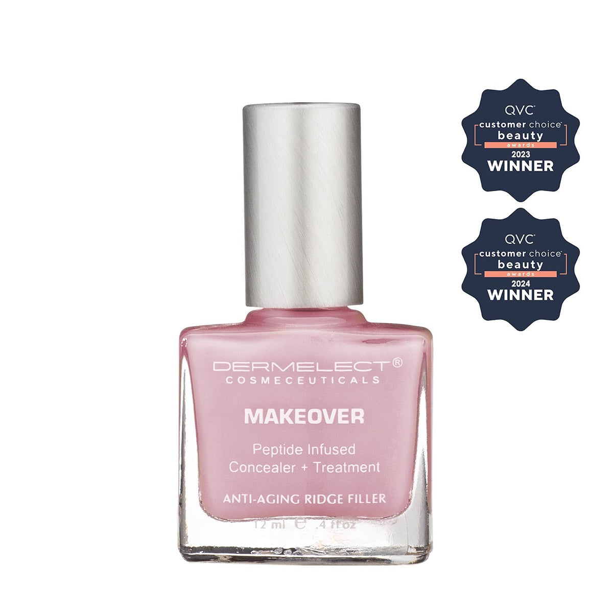 Dermelect Ridge Filler Makeover peptide infused pink anti aging ridge filler bottle with silver cap and award badges