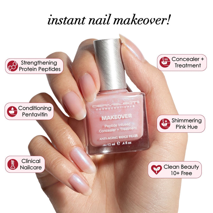 Hand holding Dermelect Ridge Filler pink anti aging concealer and treatment nail bottle showing product benefits