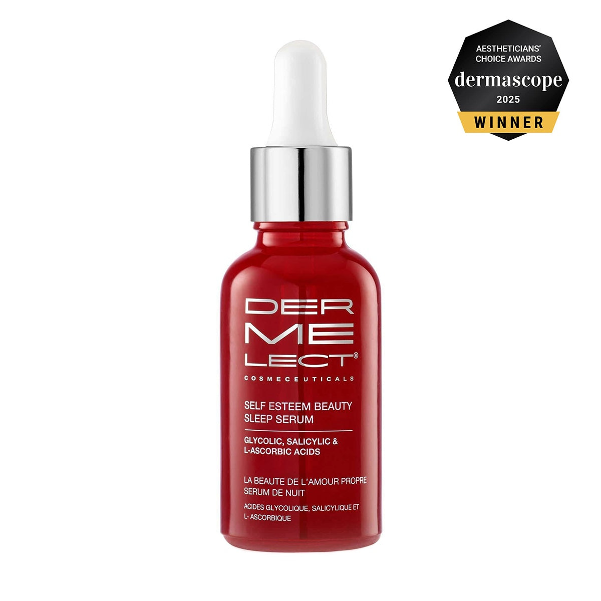 Dermelect Self-Esteem Beauty Sleep Serum red glass dropper bottle with silver cap and award badge