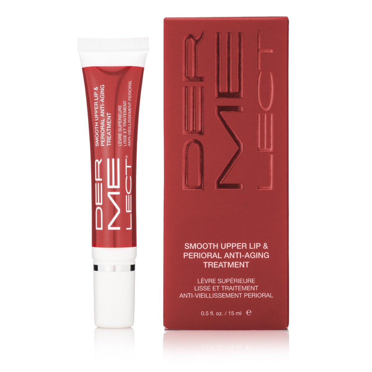 Dermelect smooth lip lines upper lip and perioral anti aging treatment tube with red box packaging