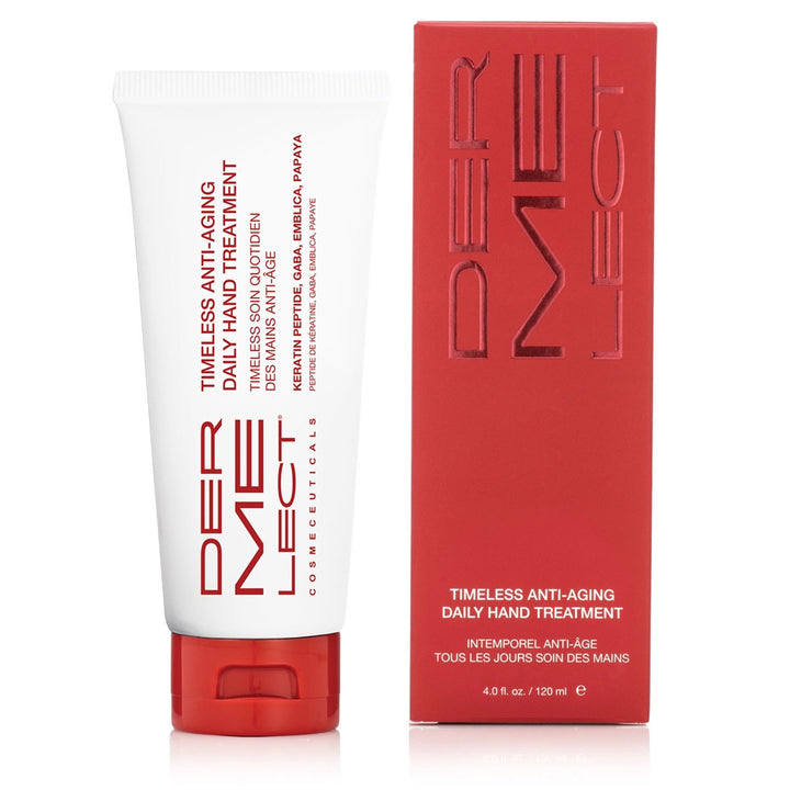 Dermelect Timeless Daily Hand Treatment anti aging hand cream tube and red box moisturizing daily care