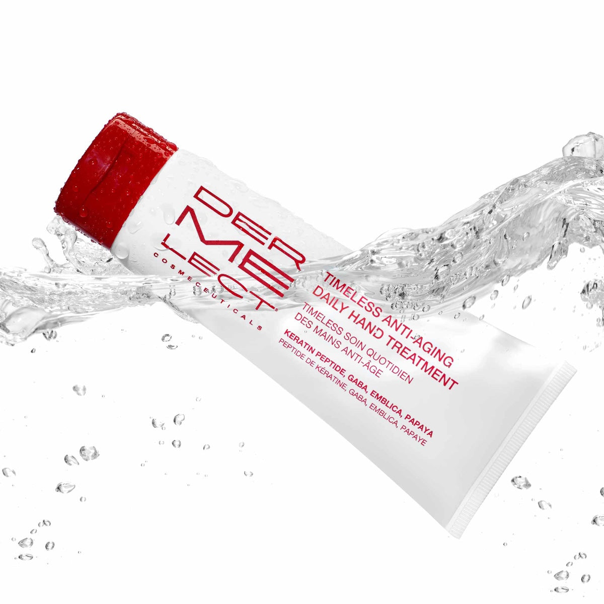 Dermelect Timeless Daily Hand Treatment white tube with red cap and water splash hydrating anti aging hand cream