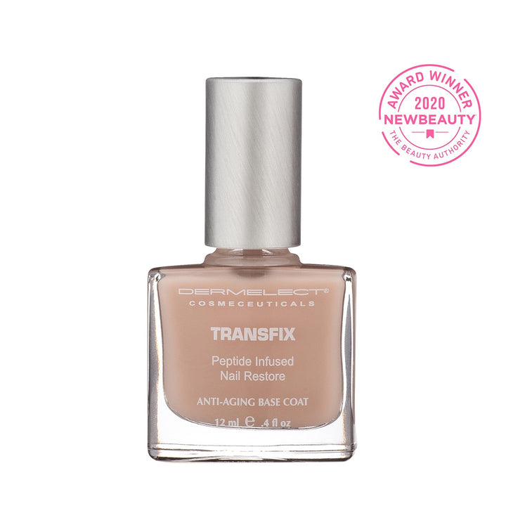 Dermelect Transfix base coat peptide infused nude anti aging nail restore bottle with NewBeauty award seal