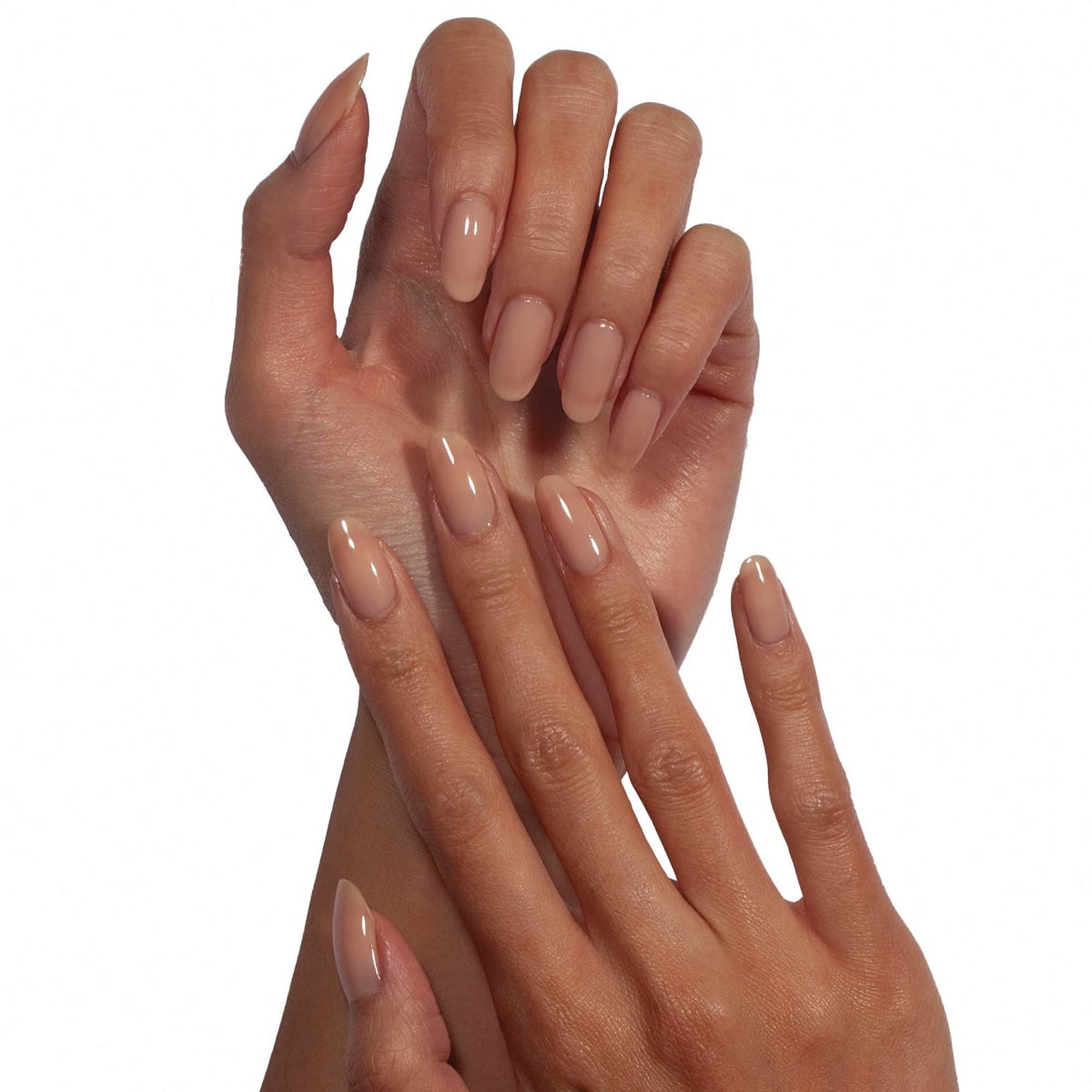 Two hands with almond shaped nude glossy nails wearing Dermelect Transfix base coat for smooth salon finish