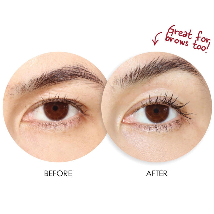 Before and after close up of brown eye showing fuller lashes after using Dermelect XL Lash Volumizer also great for brows