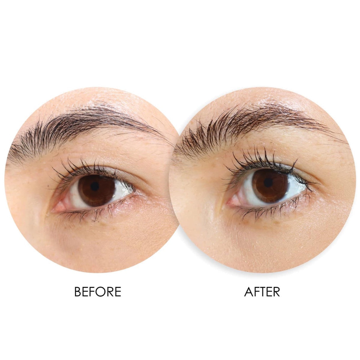 Before and after close up of brown eye showing fuller lashes using Dermelect XL Lash Volumizer
