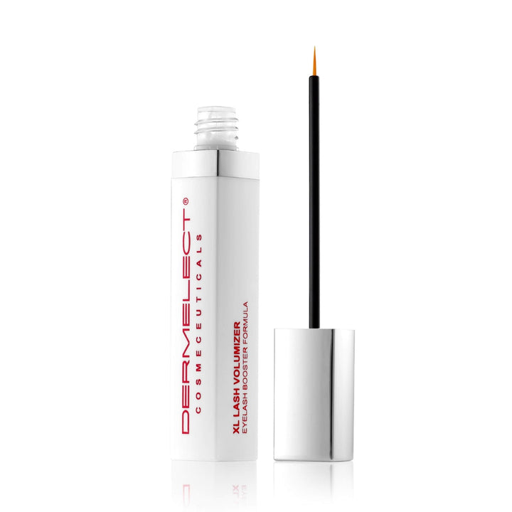 Dermelect XL Lash Volumizer white tube with silver cap and fine brush applicator eyelash booster serum