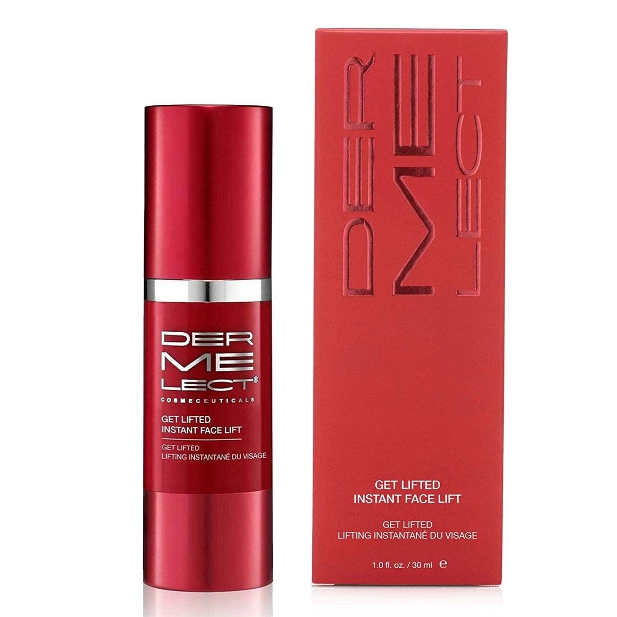 Dermelect red pump bottle and matching box for instant face lift serum Get Lifted facial lifting treatment 1 oz