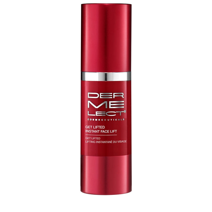Dermelect Get Lifted instant face lift serum in red airless pump bottle for lifting and firming skin