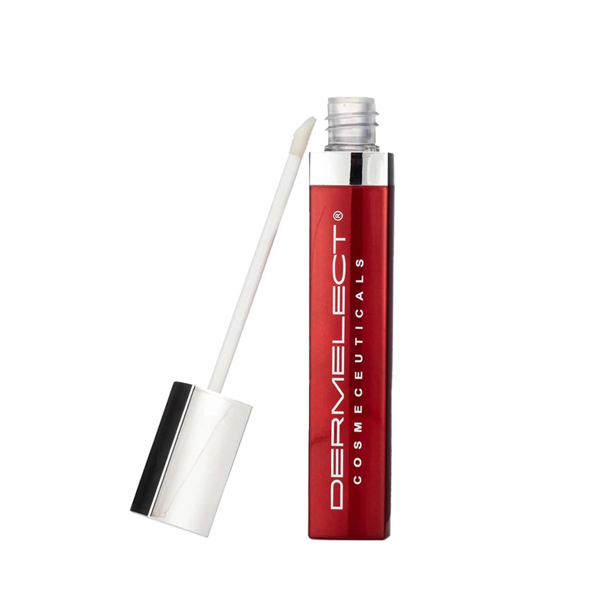 Dermelect red lip gloss tube with applicator wand open lip volumizer for fuller lips with silver cap