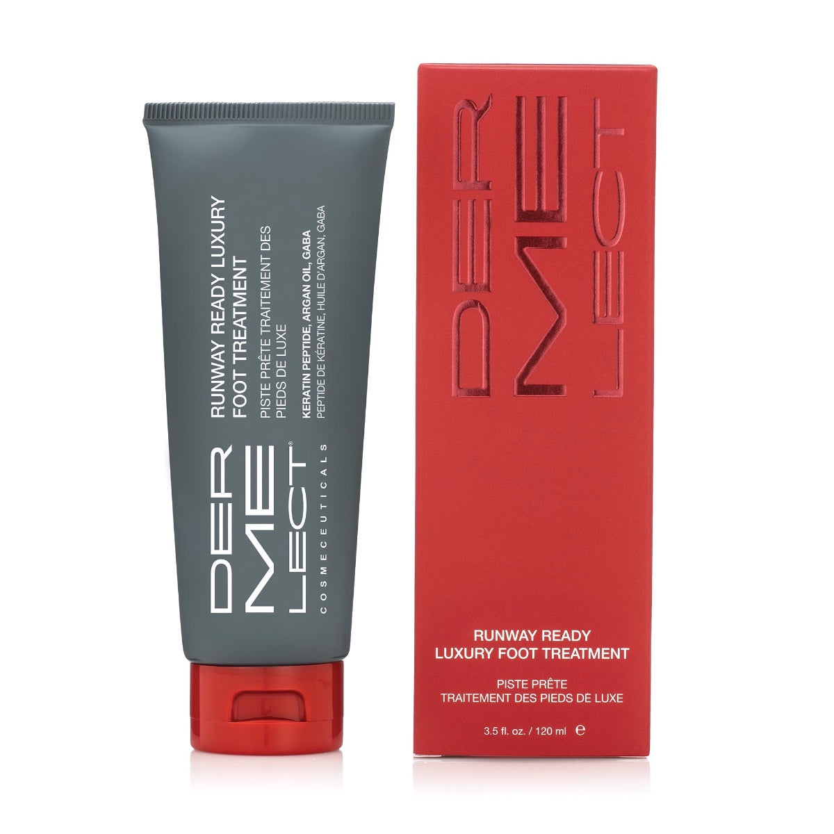 Dermelect Runway Ready luxury foot treatment tube and red box packaging, 3.5 fl oz
