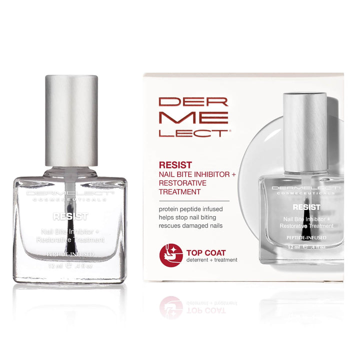 Dermelect RESIST nail bite inhibitor treatment top coat bottle and box with restorative peptide formula