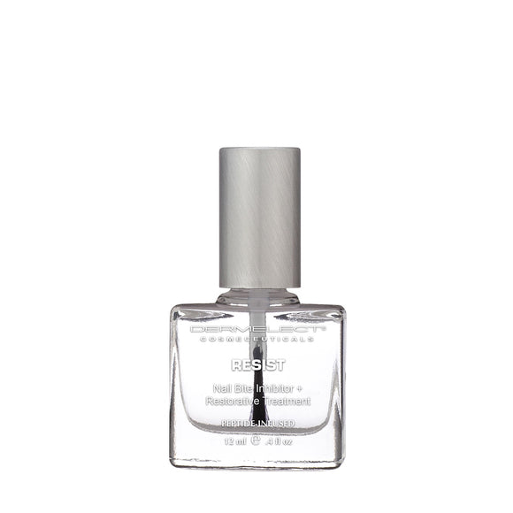 Dermelect Resist clear nail serum in square bottle with silver cap nail bite inhibitor treatment for damaged nails