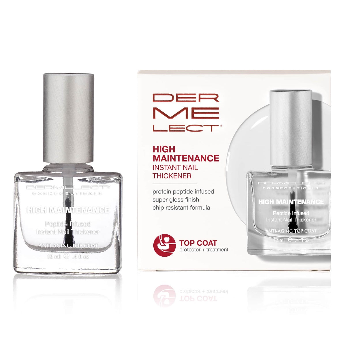 Dermelect High Maintenance clear nail thickener top coat in glass bottle with silver cap and box