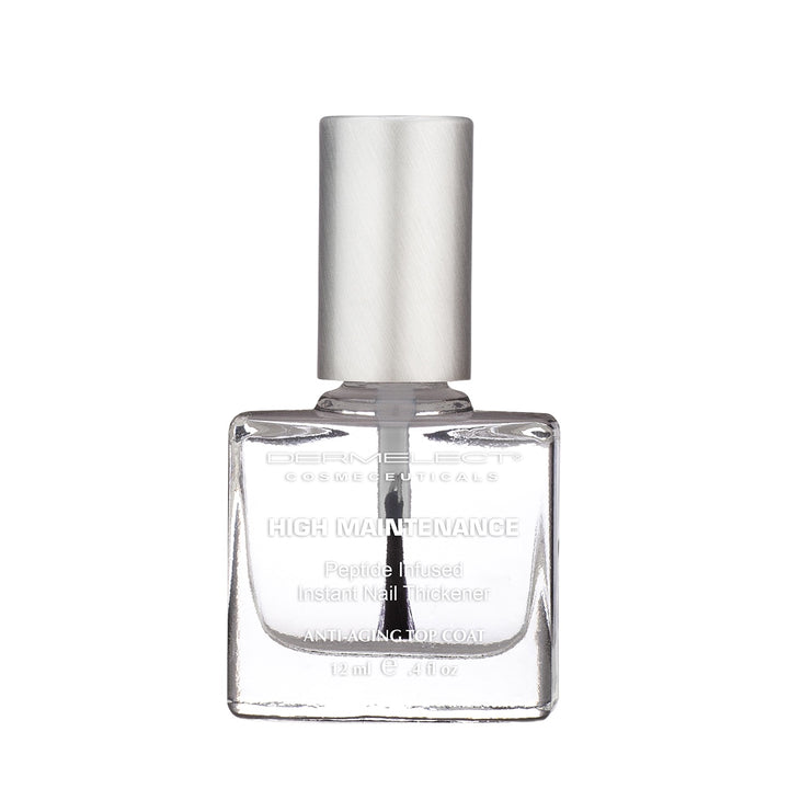 Dermelect clear nail polish bottle with silver cap labeled High Maintenance peptide infused nail thickener top coat