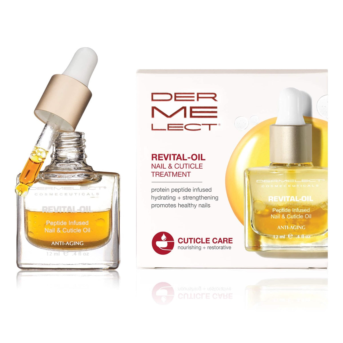 Dermelect revital oil nail and cuticle treatment glass dropper bottle with box showing golden oil