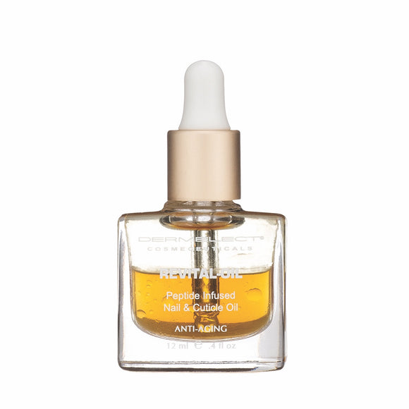 Dermelect revital oil nail and cuticle treatment peptide infused glass dropper bottle with golden anti aging oil