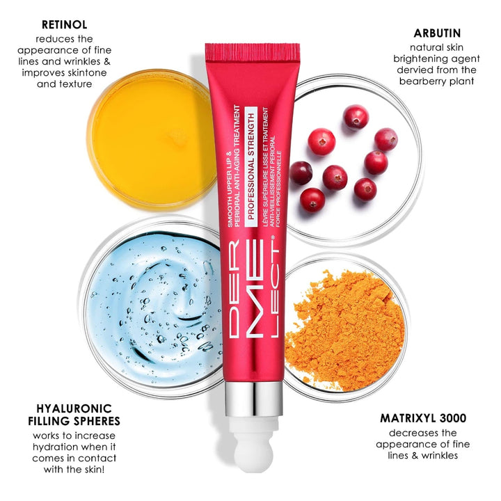 Dermelect red tube upper lip anti-aging cream with applicator and retinol arbutin hyaluronic Matrixyl ingredients
