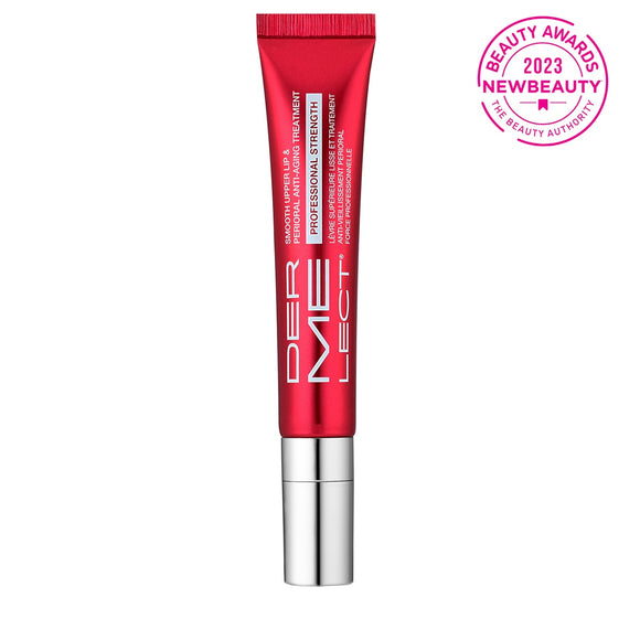 Dermelect red tube with silver cap and NewBeauty 2023 award badge for upper lip anti-aging cream