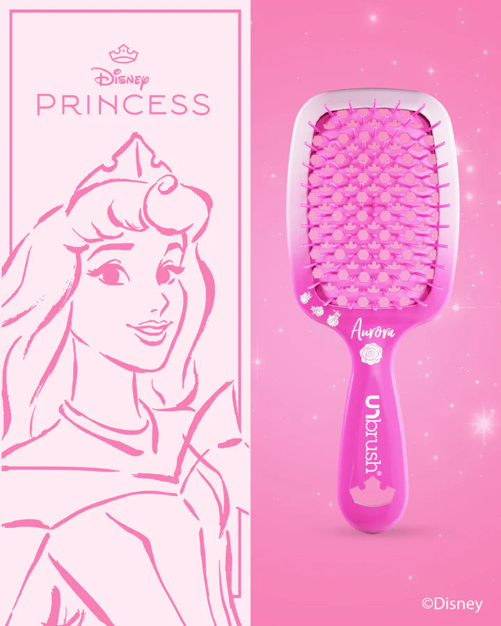 Disney Princess detangling hair brush featuring Princess Aurora in vibrant pink design