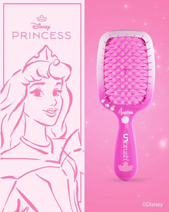 Disney Princess detangling hair brush featuring Princess Aurora in vibrant pink design
