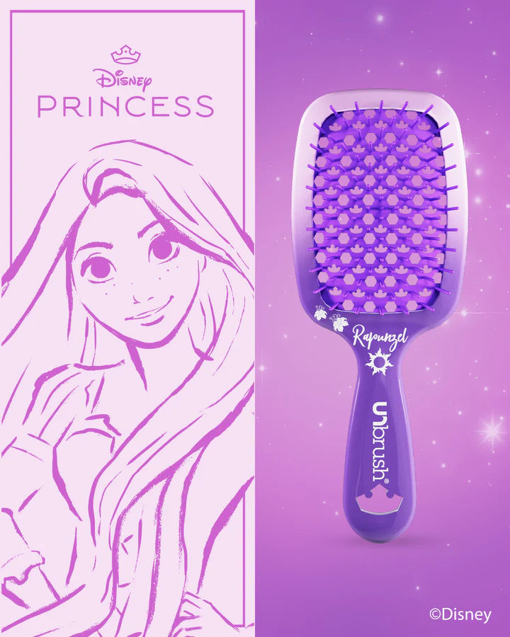 Disney Princess detangling hair brush featuring Rapunzel with a vibrant purple design