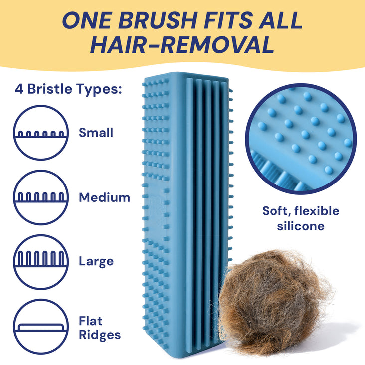 Knot Genie soft flexible silicone pet hair removal brush with 4 bristle types for effective hair removal