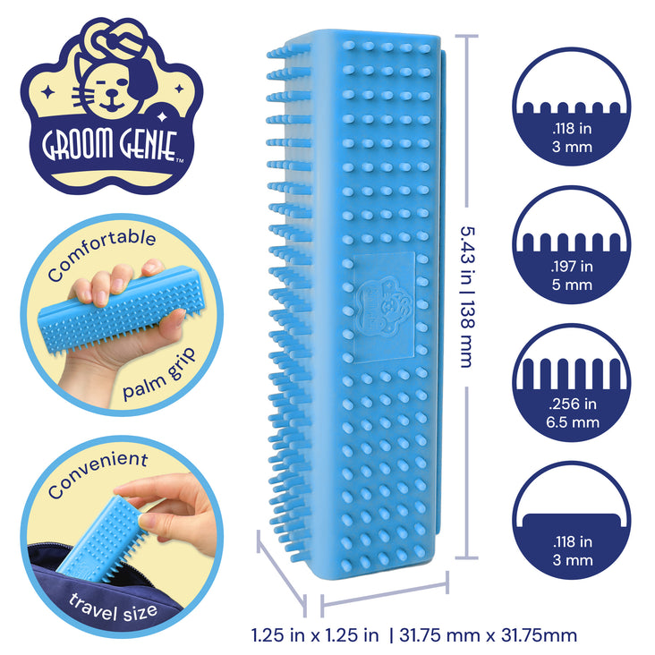 Knot Genie blue pet hair removal brush with comfortable palm grip and travel size dimensions