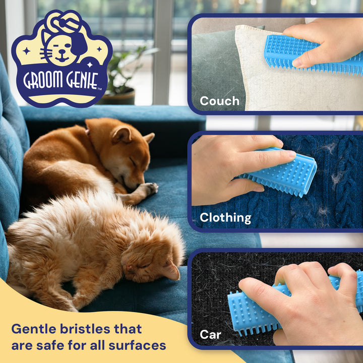 Knot Genie pet hair removal brush with gentle bristles used on couch clothing and car surfaces