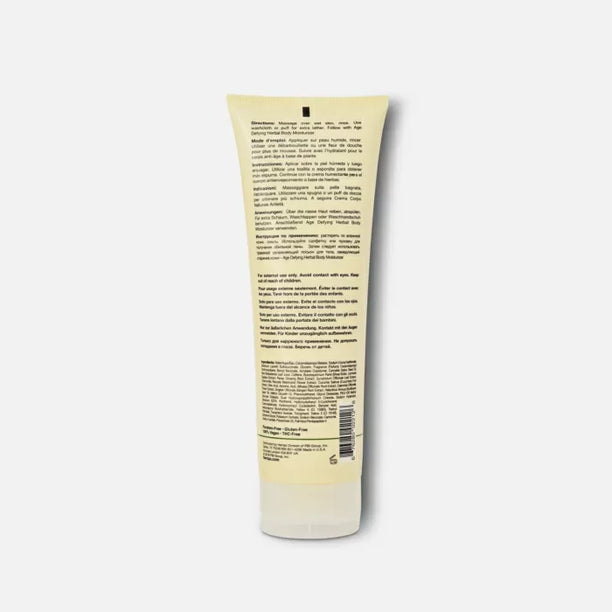 Back view of Hempz age defying body wash tube showing ingredient list and usage instructions