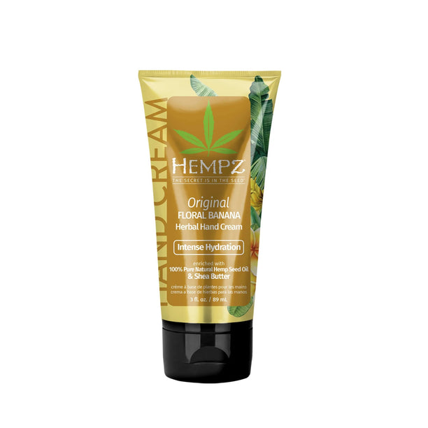 Hempz hand cream with floral banana scent, enriched with hemp seed oil and shea butter for intense hydration