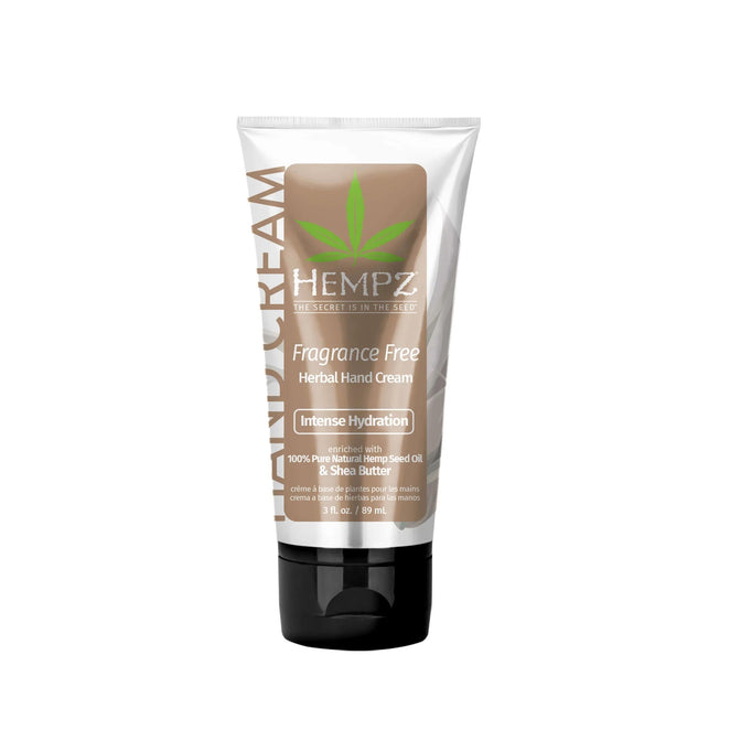 Hempz hand cream in a tube, offering intense hydration with hemp seed oil and shea butter, fragrance free