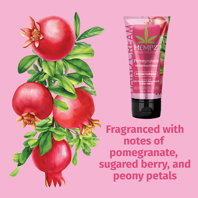 Hempz hand cream in pink tube with pomegranate and floral illustrations for intense hydration