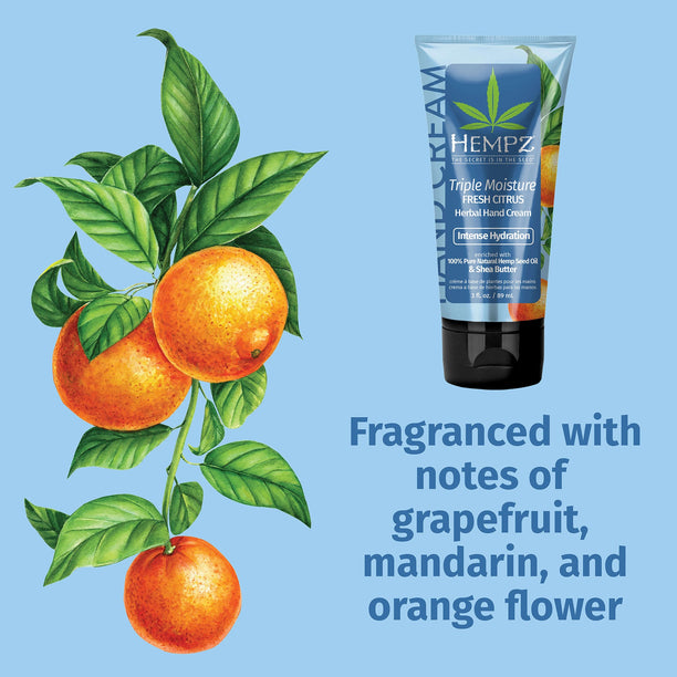 Hempz hand cream with fresh citrus fragrance, featuring notes of grapefruit, mandarin, and orange flower