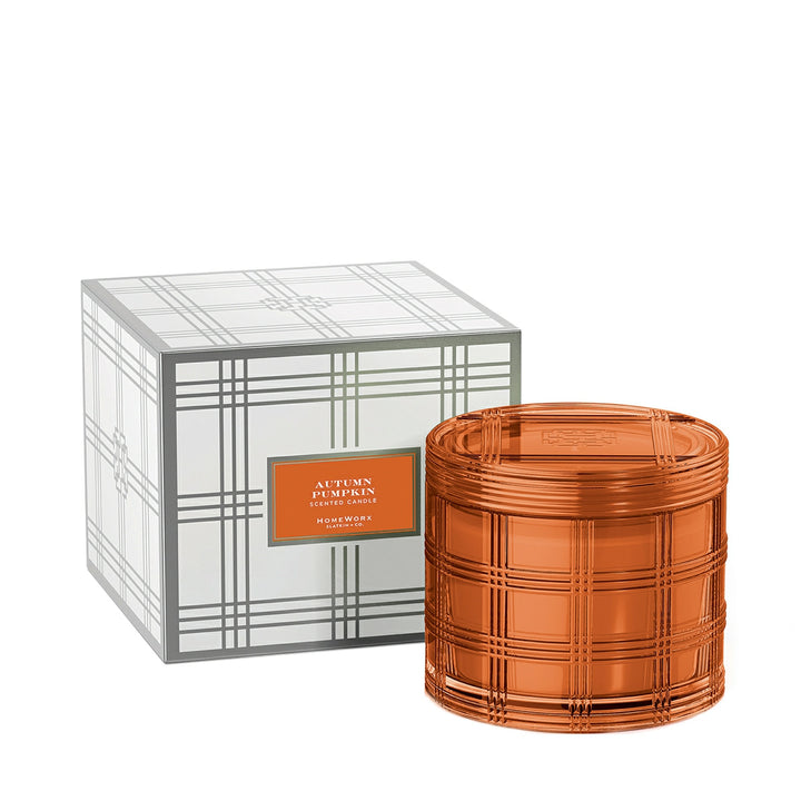 HomeWorx by Slatkin Autumn Pumpkin scented candle in an orange plaid glass jar with matching decorative box