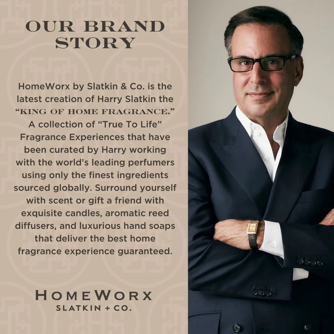 HomeWorx by Slatkin Co brand story text beside a man in a navy suit and glasses
