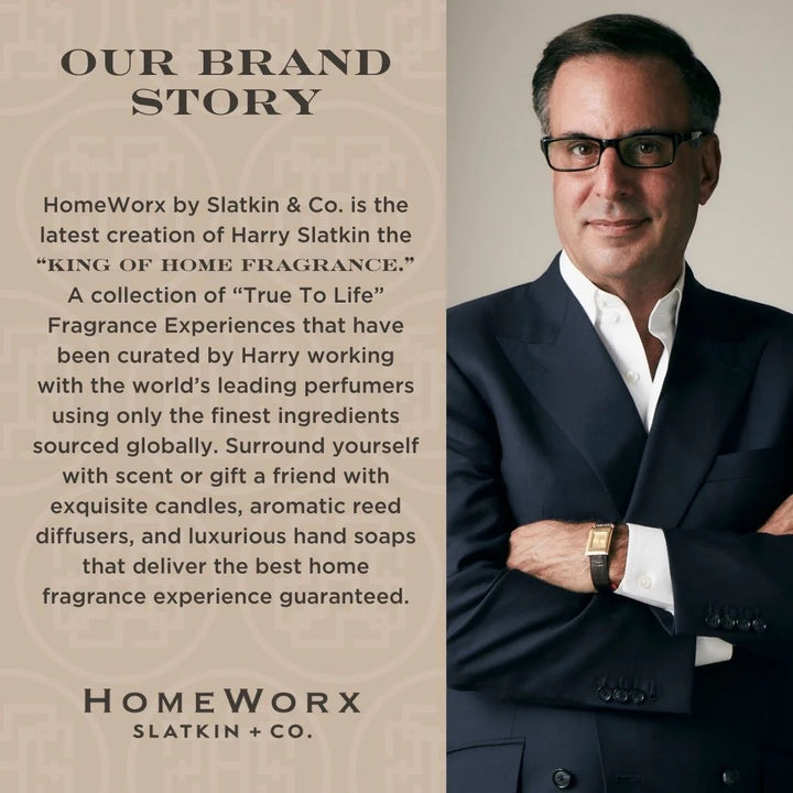 HomeWorx by Slatkin Co brand story text beside a man in a navy suit and glasses