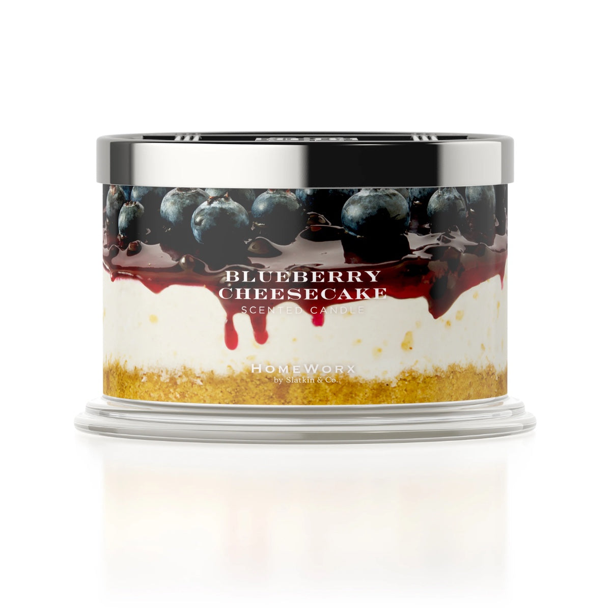 HomeWorx by Slatkin blueberry cheesecake scented candle with layered dessert design and silver lid